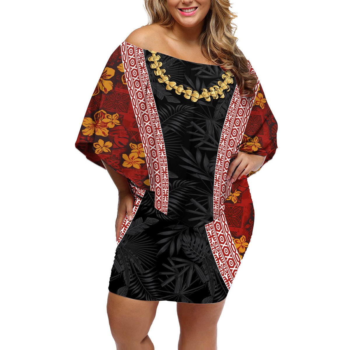 Hawaii Lei and Hibiscus Flowers Tribal Off Shoulder Short Dress Patchwork Abstract Vintage LT03 Women Red - Polynesian Pride