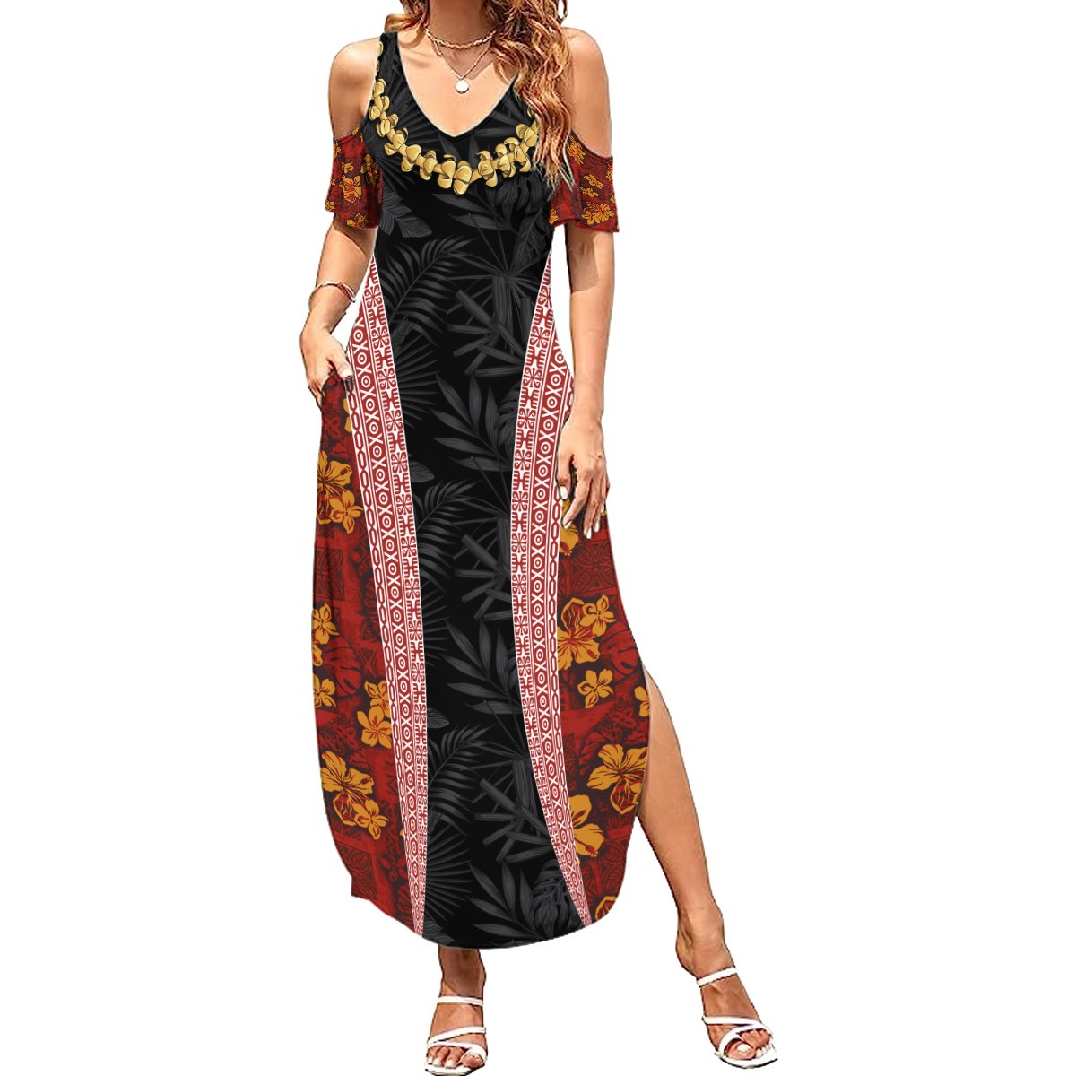 Hawaii Lei and Hibiscus Flowers Tribal Summer Maxi Dress Patchwork Abstract Vintage LT03 Women Red - Polynesian Pride