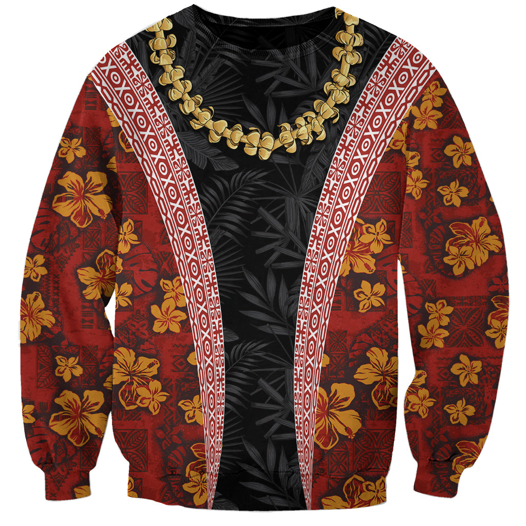 Hawaii Lei and Hibiscus Flowers Tribal Sweatshirt Patchwork Abstract Vintage LT03 Unisex Red - Polynesian Pride