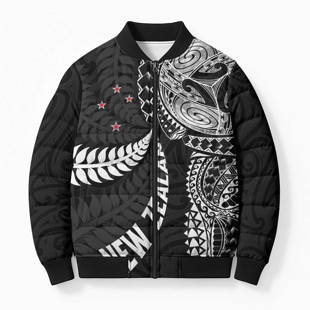 Aotearoa Volleyball Custom Bomber Puffer Jacket Silver Ferns and Maori Tribal Black LT03 Unisex Black - Polynesian Pride