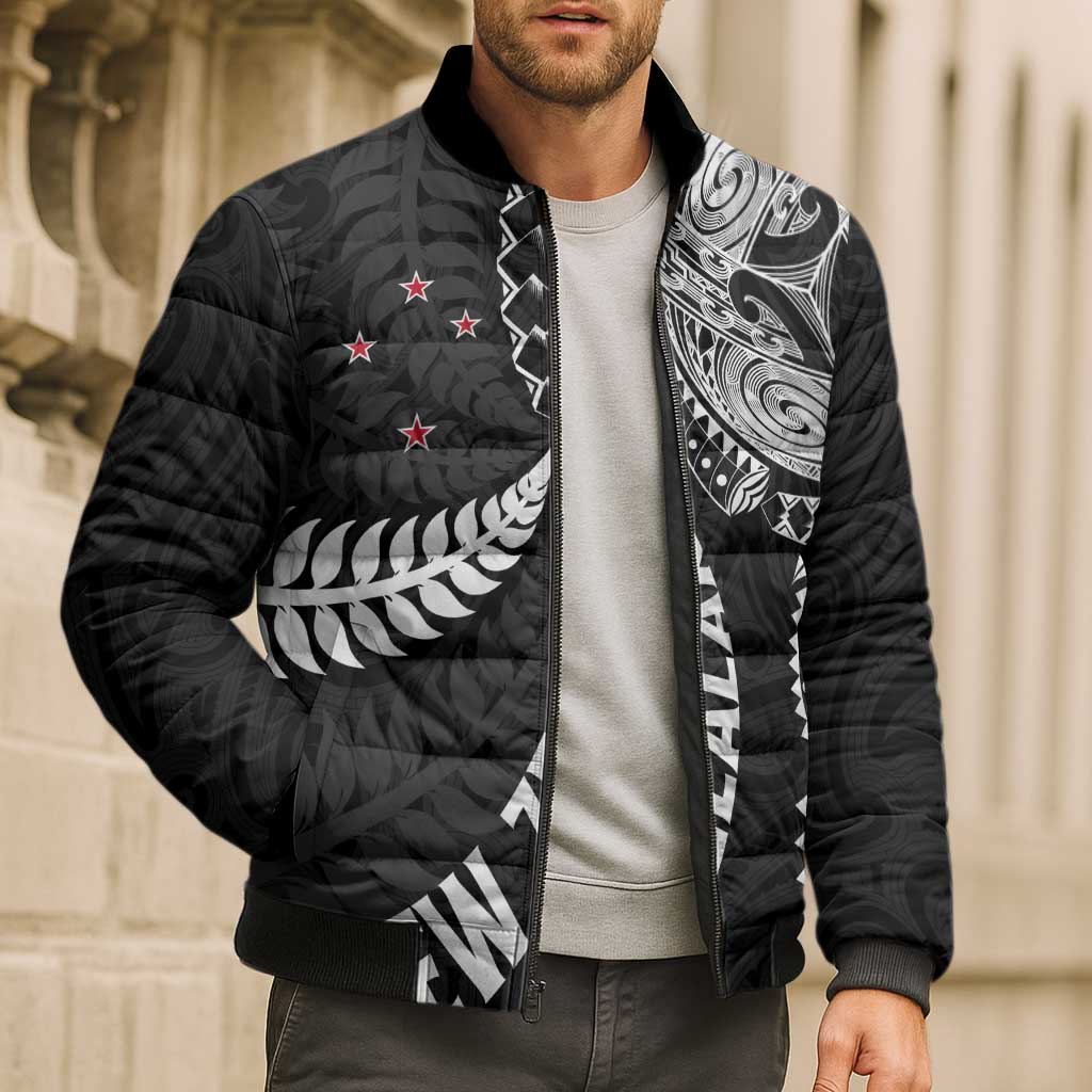 Aotearoa Volleyball Custom Bomber Puffer Jacket Silver Ferns and Maori Tribal Black LT03 - Polynesian Pride