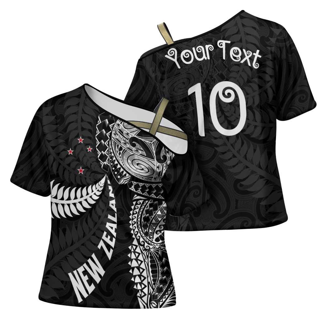 Aotearoa Volleyball Custom Cross Shoulder Shirt Silver Ferns and Maori Tribal Black LT03 - Polynesian Pride
