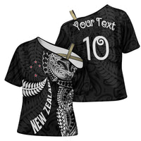 Aotearoa Volleyball Custom Cross Shoulder Shirt Silver Ferns and Maori Tribal Black LT03 - Polynesian Pride