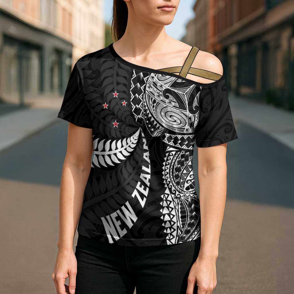 Aotearoa Volleyball Custom Cross Shoulder Shirt Silver Ferns and Maori Tribal Black LT03 - Polynesian Pride