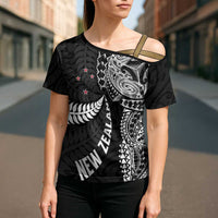 Aotearoa Volleyball Custom Cross Shoulder Shirt Silver Ferns and Maori Tribal Black LT03 - Polynesian Pride