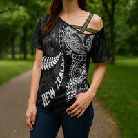 Aotearoa Volleyball Custom Cross Shoulder Shirt Silver Ferns and Maori Tribal Black LT03 - Polynesian Pride