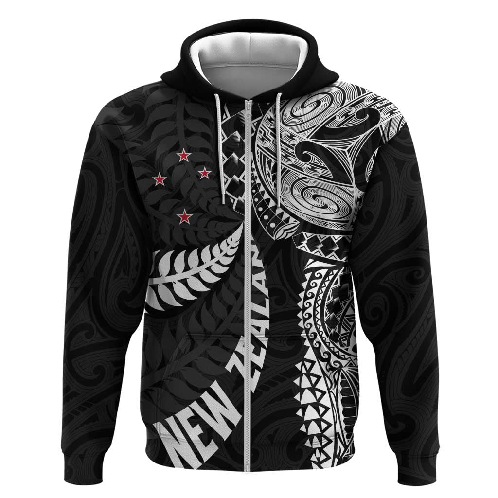 Aotearoa Volleyball Custom Hoodie Silver Ferns and Maori Tribal Black LT03 Zip Hoodie Black - Polynesian Pride