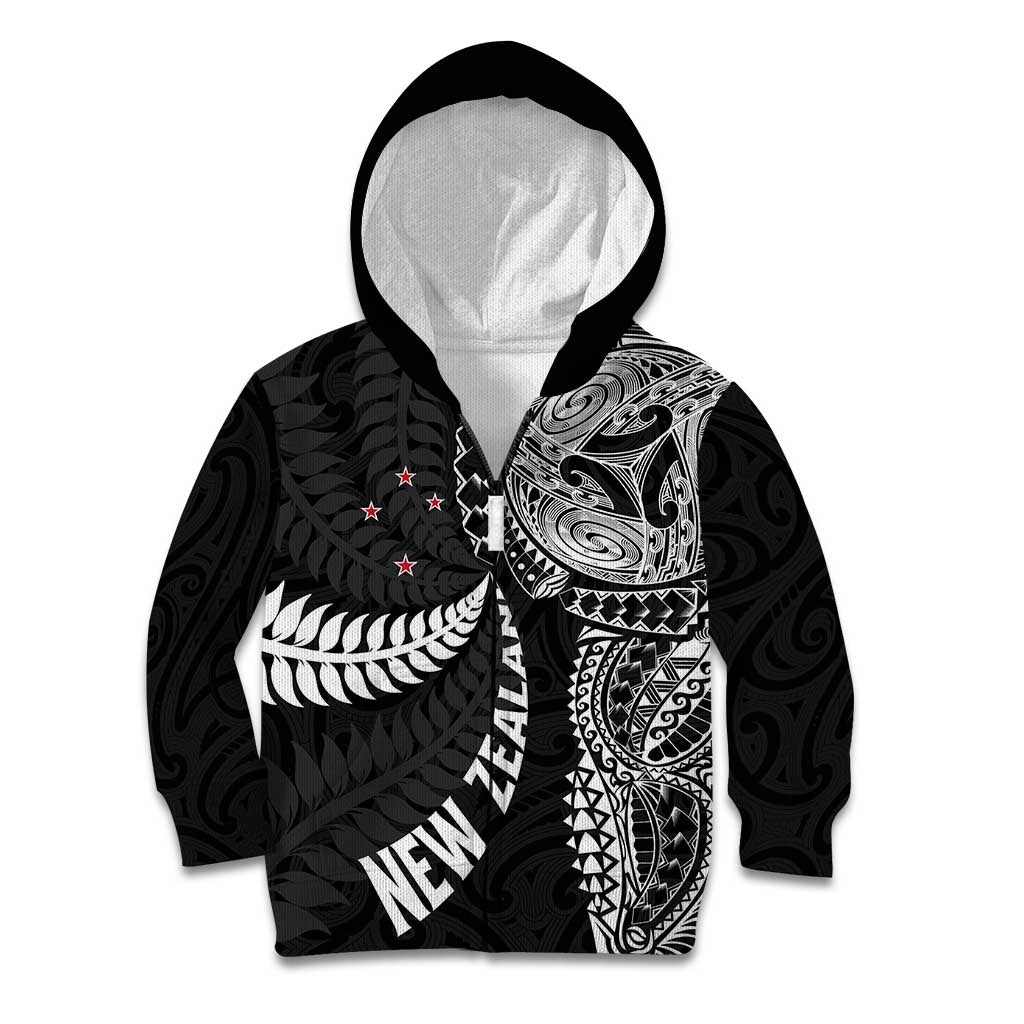 Aotearoa Volleyball Custom Kid Hoodie Silver Ferns and Maori Tribal Black