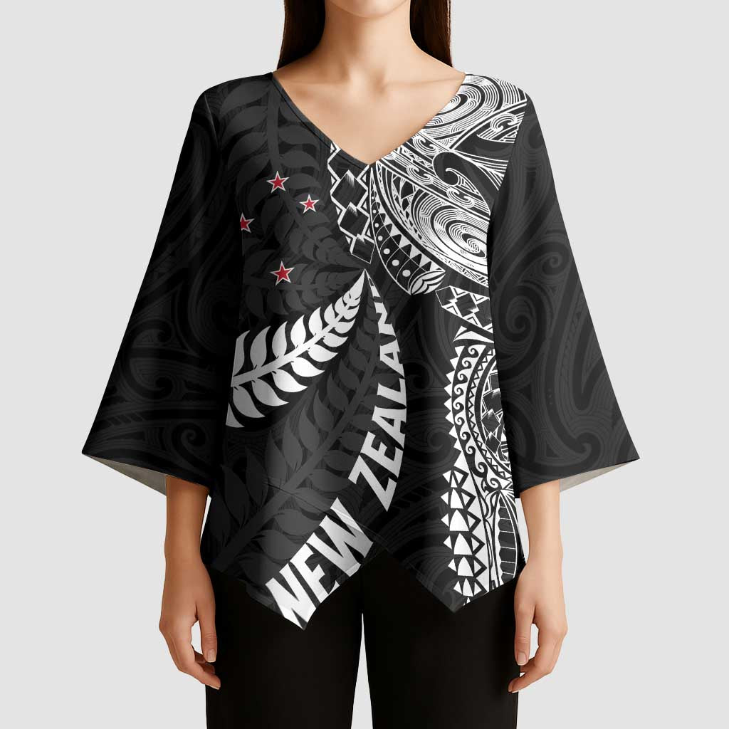 Aotearoa Volleyball Custom Kimono Sleeve Blouse Silver Ferns and Maori Tribal Black LT03 - Polynesian Pride
