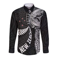 Aotearoa Volleyball Custom Long Sleeve Button Shirt Silver Ferns and Maori Tribal Black LT03 Unisex Black - Polynesian Pride
