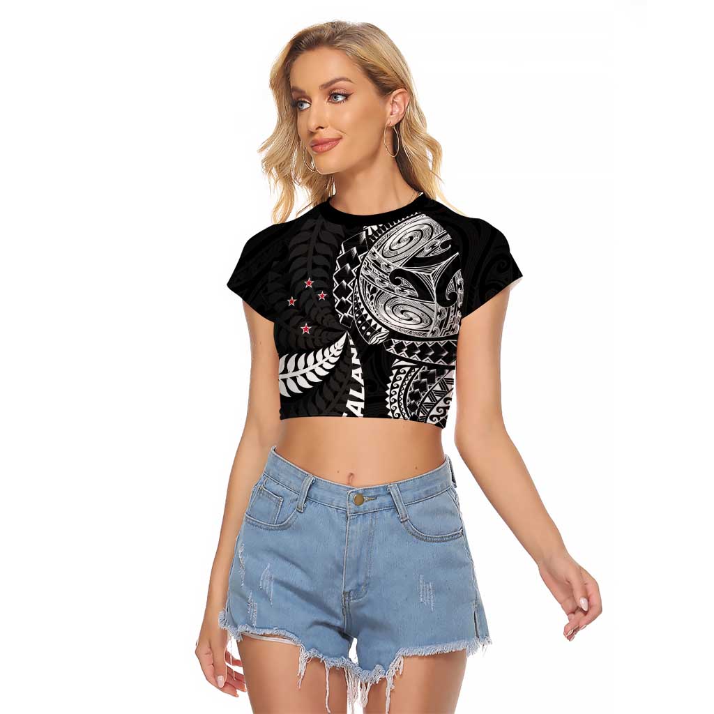 Aotearoa Volleyball Custom Raglan Cropped T Shirt Silver Ferns and Maori Tribal Black LT03 Female Black - Polynesian Pride
