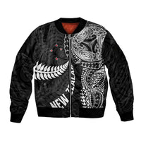 Aotearoa Volleyball Custom Sleeve Zip Bomber Jacket Silver Ferns and Maori Tribal Black LT03 Unisex Black - Polynesian Pride