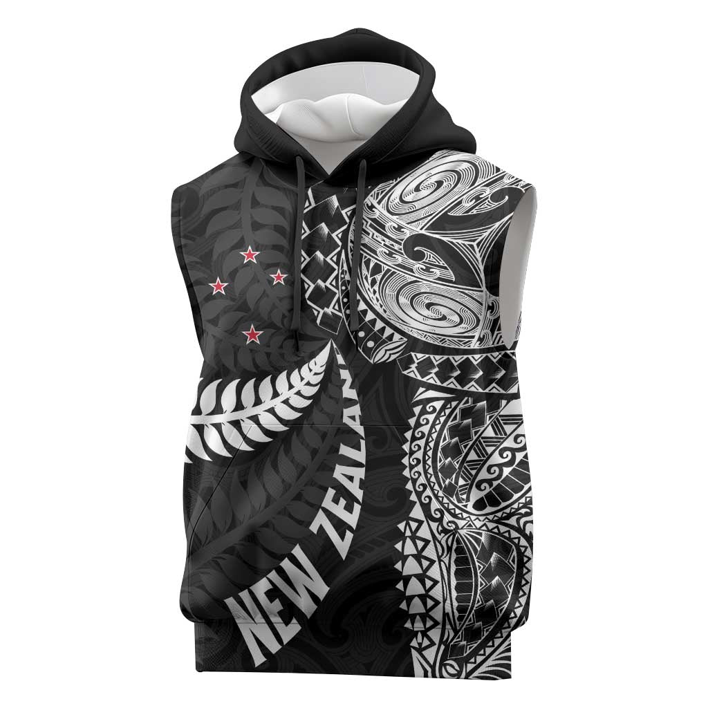 Aotearoa Volleyball Custom Sleeveless Hoodie Silver Ferns and Maori Tribal Black