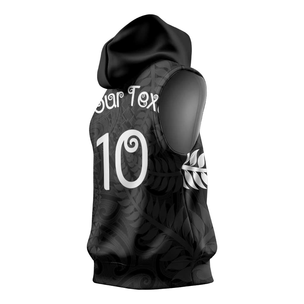 Aotearoa Volleyball Custom Sleeveless Hoodie Silver Ferns and Maori Tribal Black