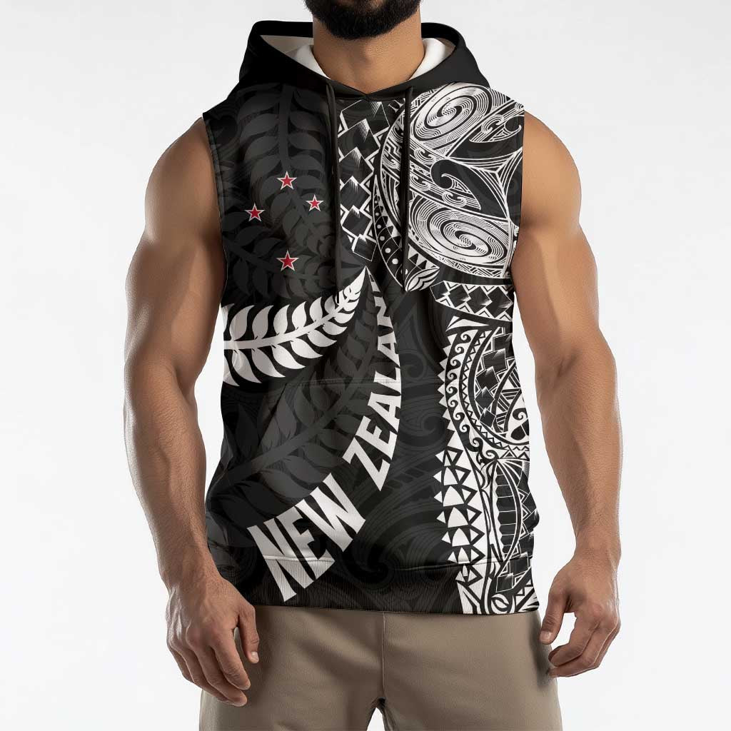 Aotearoa Volleyball Custom Sleeveless Hoodie Silver Ferns and Maori Tribal Black