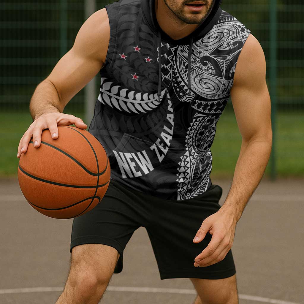 Aotearoa Volleyball Custom Sleeveless Hoodie Silver Ferns and Maori Tribal Black