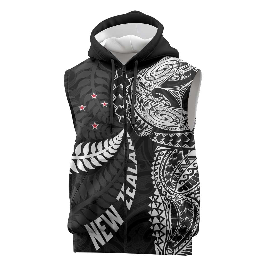 Aotearoa Volleyball Custom Sleeveless Zip Hoodie Silver Ferns and Maori Tribal Black LT03 Black - Polynesian Pride