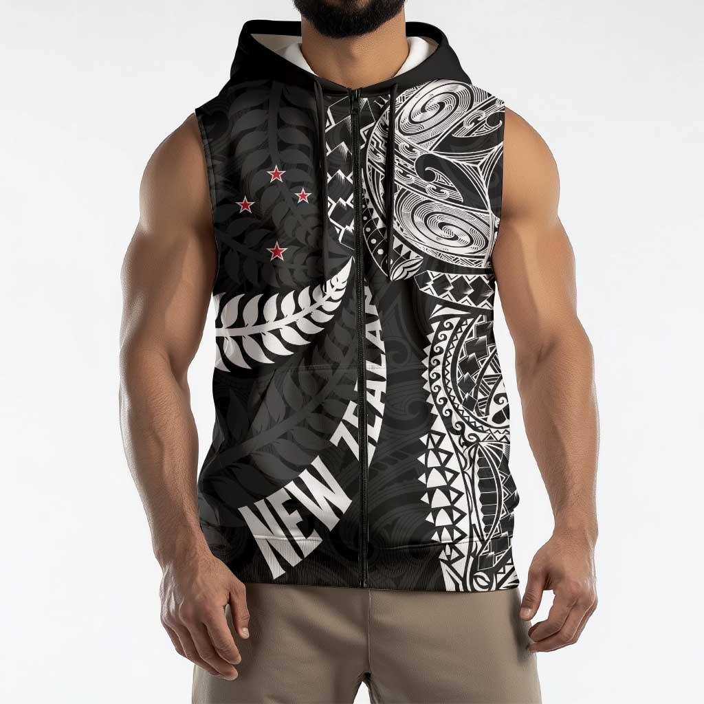 Aotearoa Volleyball Custom Sleeveless Zip Hoodie Silver Ferns and Maori Tribal Black LT03 - Polynesian Pride