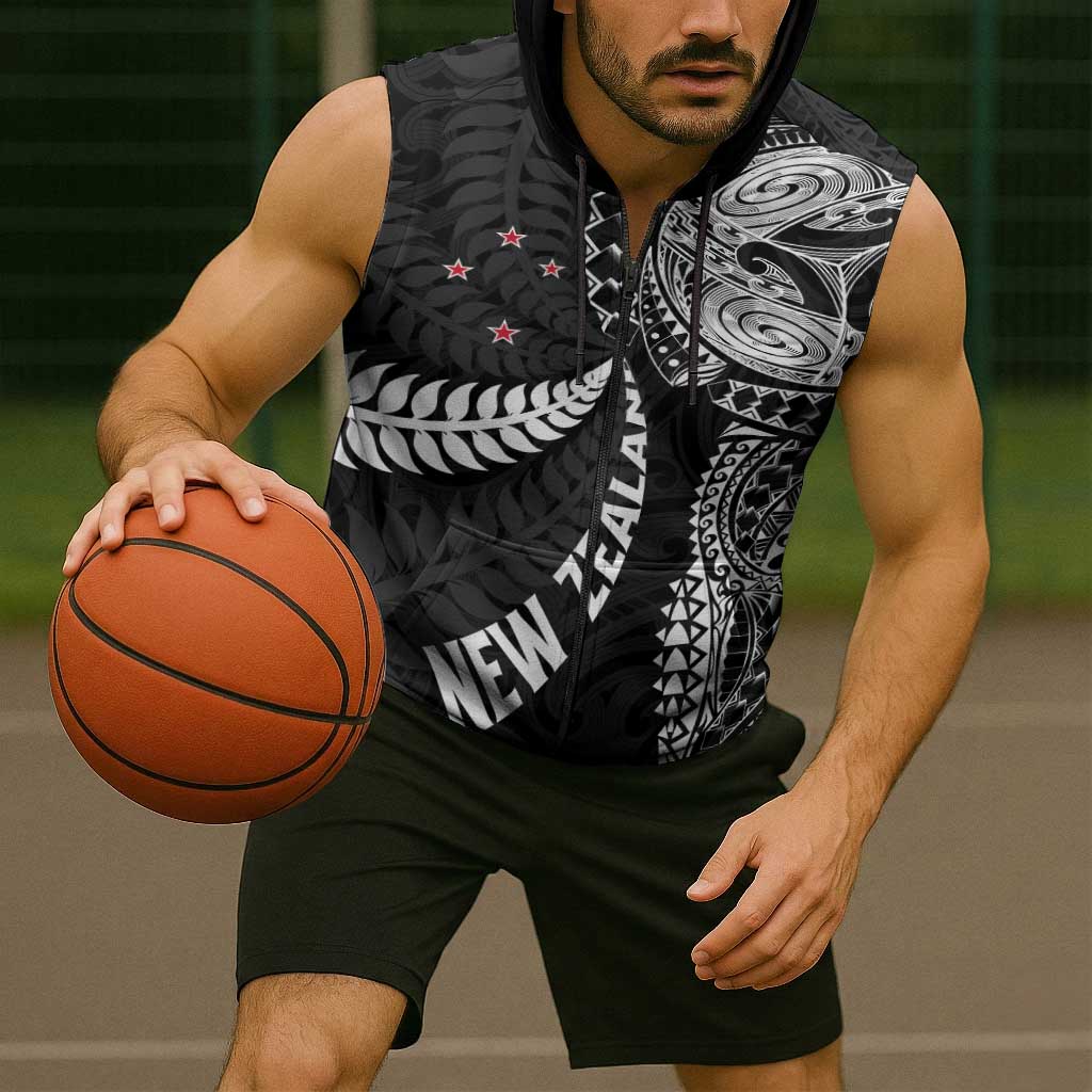 Aotearoa Volleyball Custom Sleeveless Zip Hoodie Silver Ferns and Maori Tribal Black LT03 - Polynesian Pride