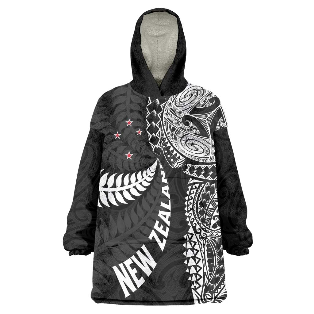 Aotearoa Volleyball Custom Wearable Blanket Hoodie Silver Ferns and Maori Tribal Black LT03 One Size Black - Polynesian Pride