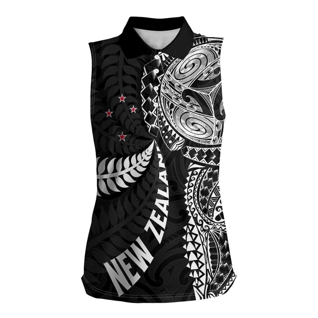 Aotearoa Volleyball Custom Women Sleeveless Polo Shirt Silver Ferns and Maori Tribal Black LT03 Female Black - Polynesian Pride