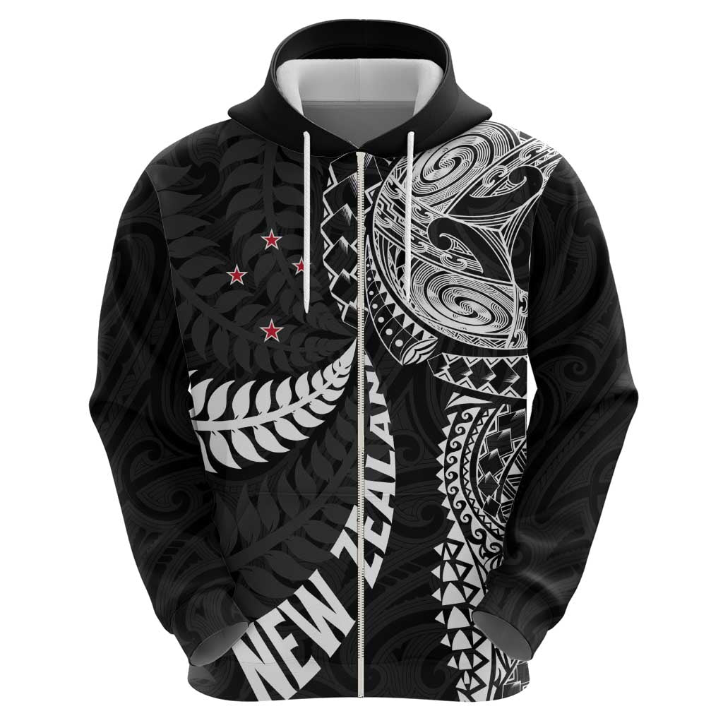 Aotearoa Volleyball Custom Zip Hoodie Silver Ferns and Maori Tribal Black LT03 - Polynesian Pride