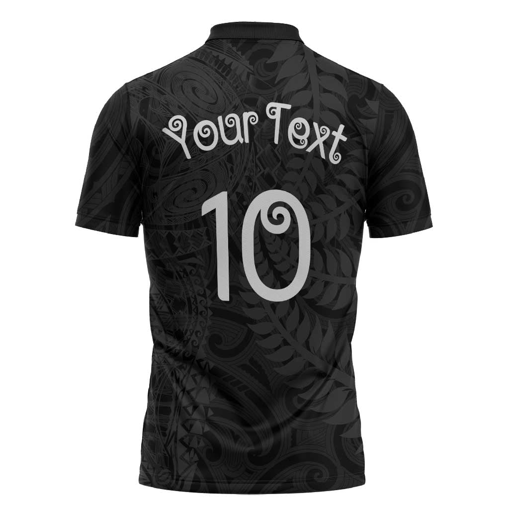 Aotearoa Volleyball Custom Zipper Polo Shirt Silver Ferns and Maori Tribal Black