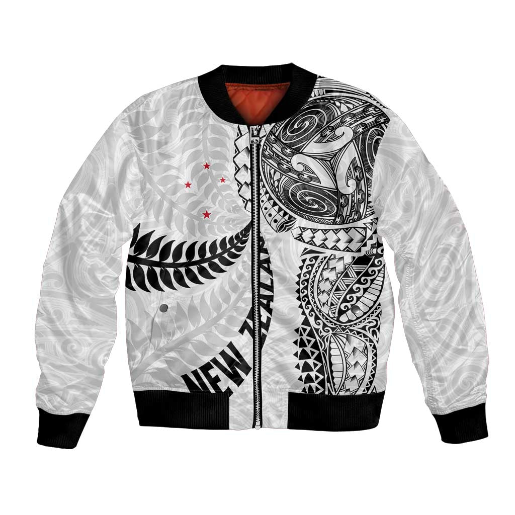 Aotearoa Volleyball Custom Bomber Jacket Silver Ferns and Maori Tribal White LT03 Unisex White - Polynesian Pride
