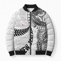 Aotearoa Volleyball Custom Bomber Puffer Jacket Silver Ferns and Maori Tribal White LT03 Unisex White - Polynesian Pride
