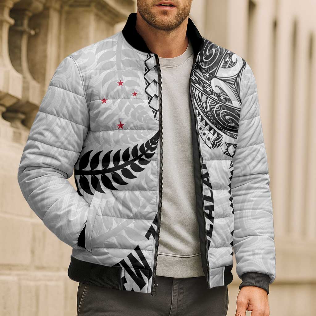 Aotearoa Volleyball Custom Bomber Puffer Jacket Silver Ferns and Maori Tribal White LT03 - Polynesian Pride