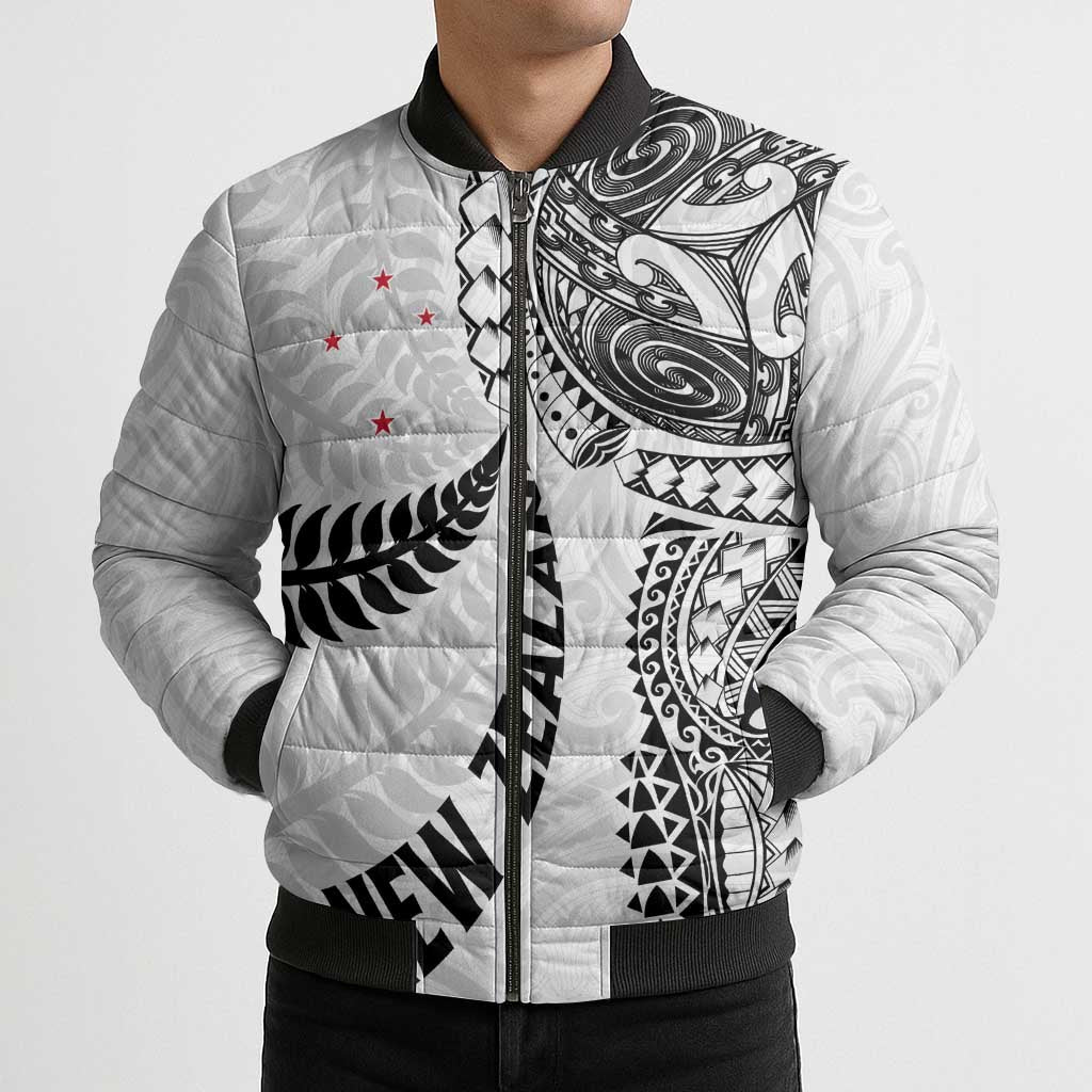 Aotearoa Volleyball Custom Bomber Puffer Jacket Silver Ferns and Maori Tribal White LT03 - Polynesian Pride