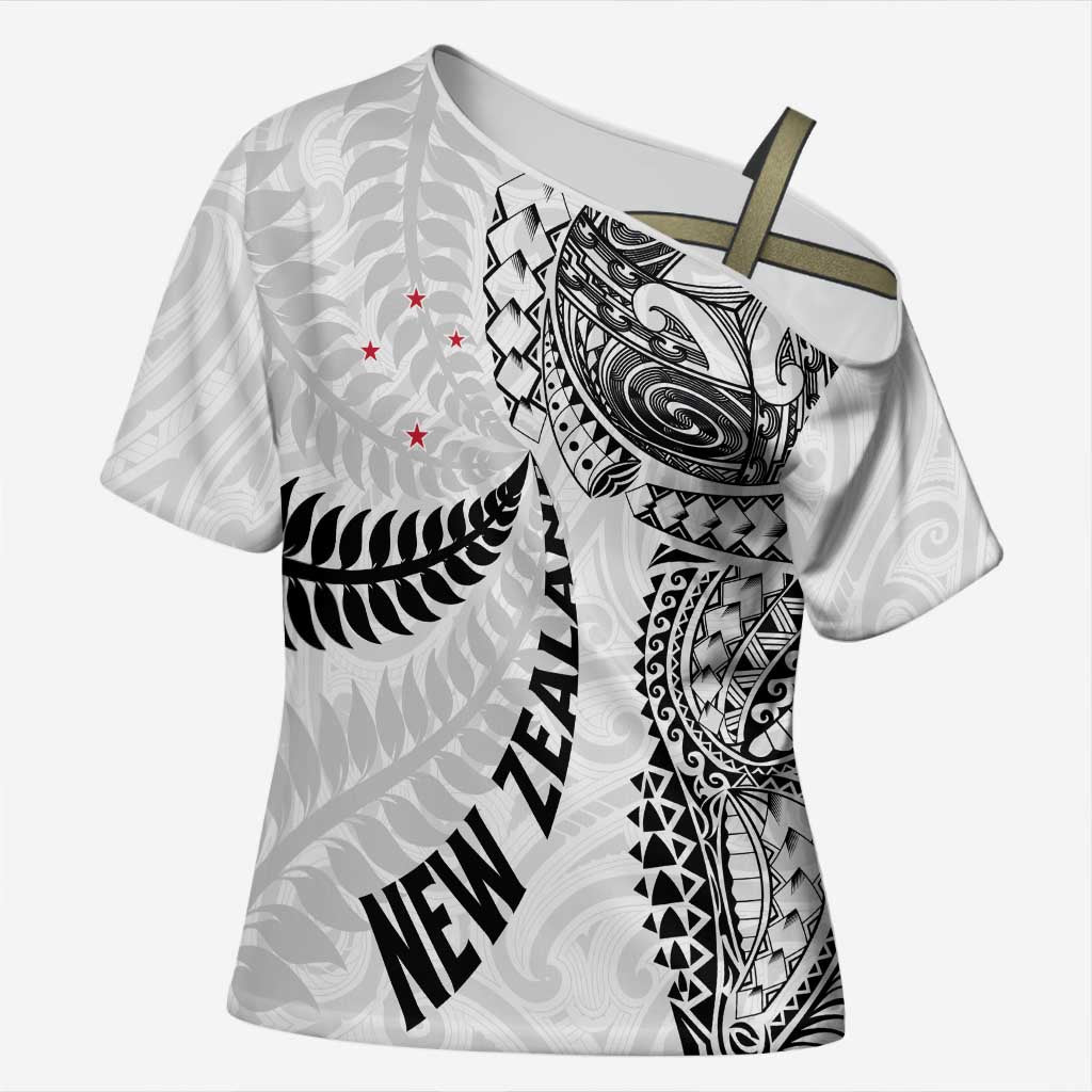 Aotearoa Volleyball Custom Cross Shoulder Shirt Silver Ferns and Maori Tribal White LT03 Female White - Polynesian Pride