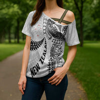 Aotearoa Volleyball Custom Cross Shoulder Shirt Silver Ferns and Maori Tribal White LT03 - Polynesian Pride
