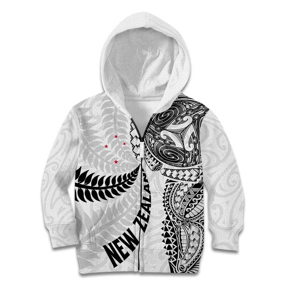 Aotearoa Volleyball Custom Kid Hoodie Silver Ferns and Maori Tribal White LT03 Zip Hoodie White - Polynesian Pride