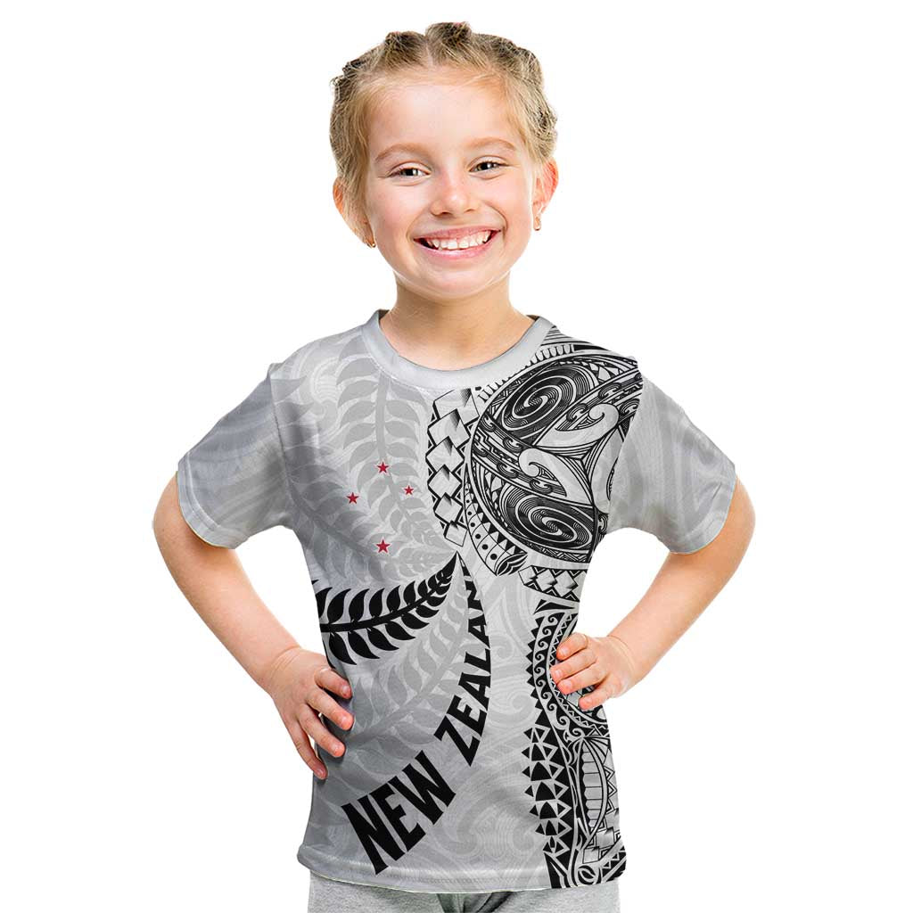 Aotearoa Volleyball Custom Kid T Shirt Silver Ferns and Maori Tribal White LT03 White - Polynesian Pride