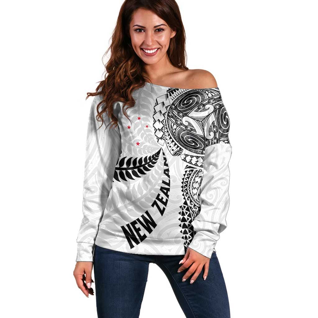 Aotearoa Volleyball Custom Off Shoulder Sweater Silver Ferns and Maori Tribal White