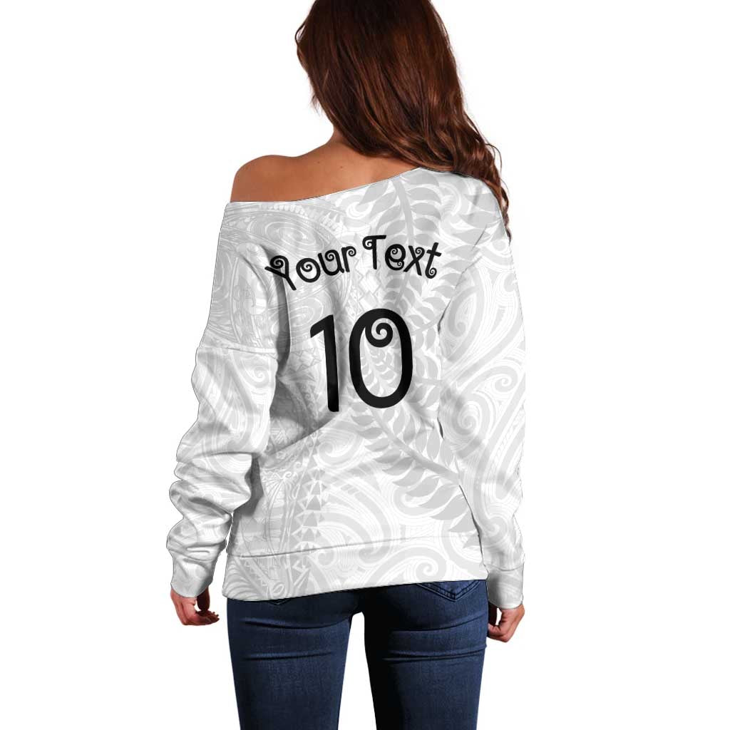 Aotearoa Volleyball Custom Off Shoulder Sweater Silver Ferns and Maori Tribal White