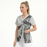 Aotearoa Volleyball Custom Scrub Top Silver Ferns and Maori Tribal White LT03 - Polynesian Pride