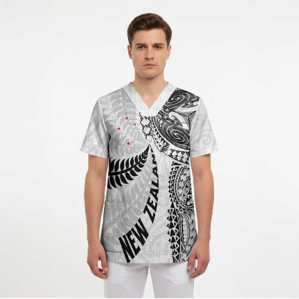 Aotearoa Volleyball Custom Scrub Top Silver Ferns and Maori Tribal White LT03 - Polynesian Pride