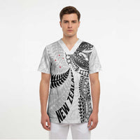Aotearoa Volleyball Custom Scrub Top Silver Ferns and Maori Tribal White LT03 - Polynesian Pride