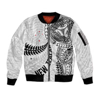 Aotearoa Volleyball Custom Sleeve Zip Bomber Jacket Silver Ferns and Maori Tribal White LT03 Unisex White - Polynesian Pride