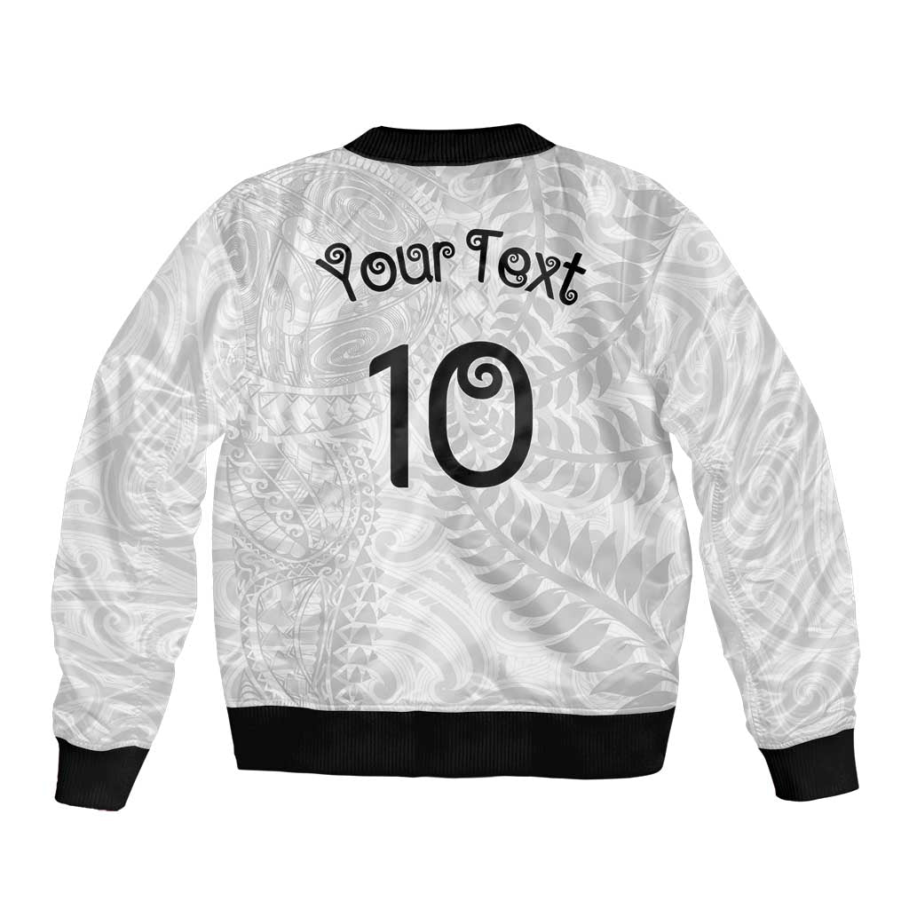 Aotearoa Volleyball Custom Sleeve Zip Bomber Jacket Silver Ferns and Maori Tribal White LT03 - Polynesian Pride