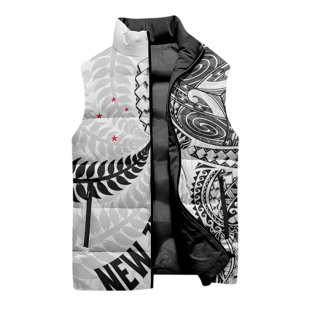 Aotearoa Volleyball Custom Sleeveless Puffer Jacket Silver Ferns and Maori Tribal White LT03 - Polynesian Pride