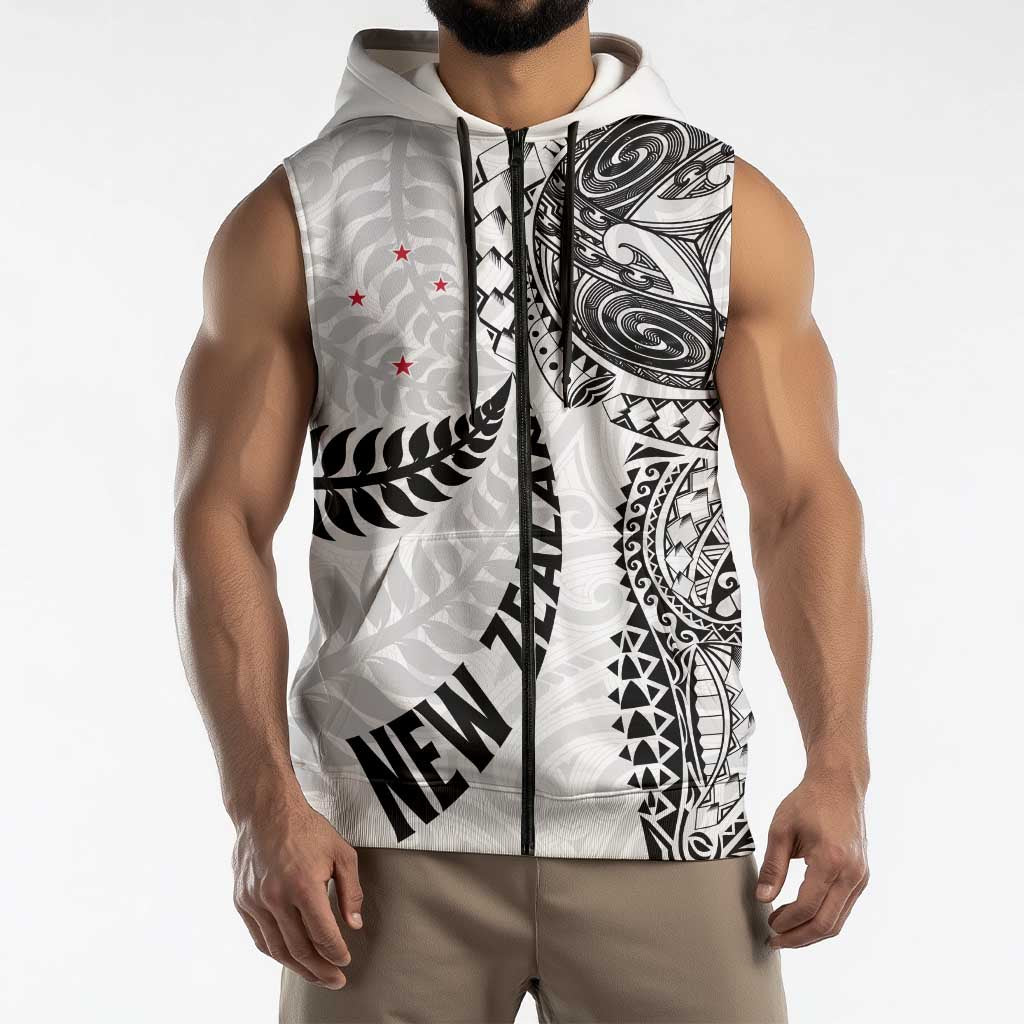 Aotearoa Volleyball Custom Sleeveless Zip Hoodie Silver Ferns and Maori Tribal White LT03 - Polynesian Pride