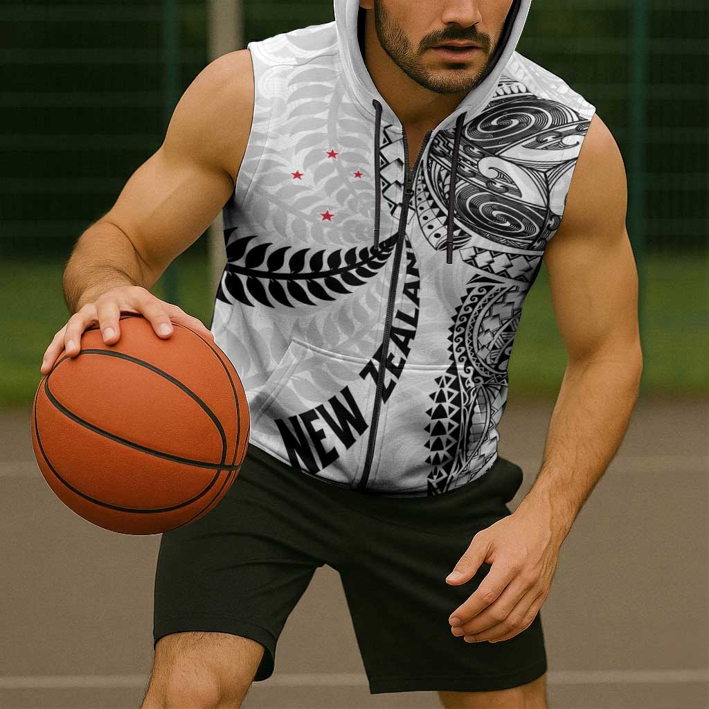 Aotearoa Volleyball Custom Sleeveless Zip Hoodie Silver Ferns and Maori Tribal White LT03 - Polynesian Pride