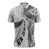 Aotearoa Volleyball Custom Zipper Polo Shirt Silver Ferns and Maori Tribal White LT03 White - Polynesian Pride