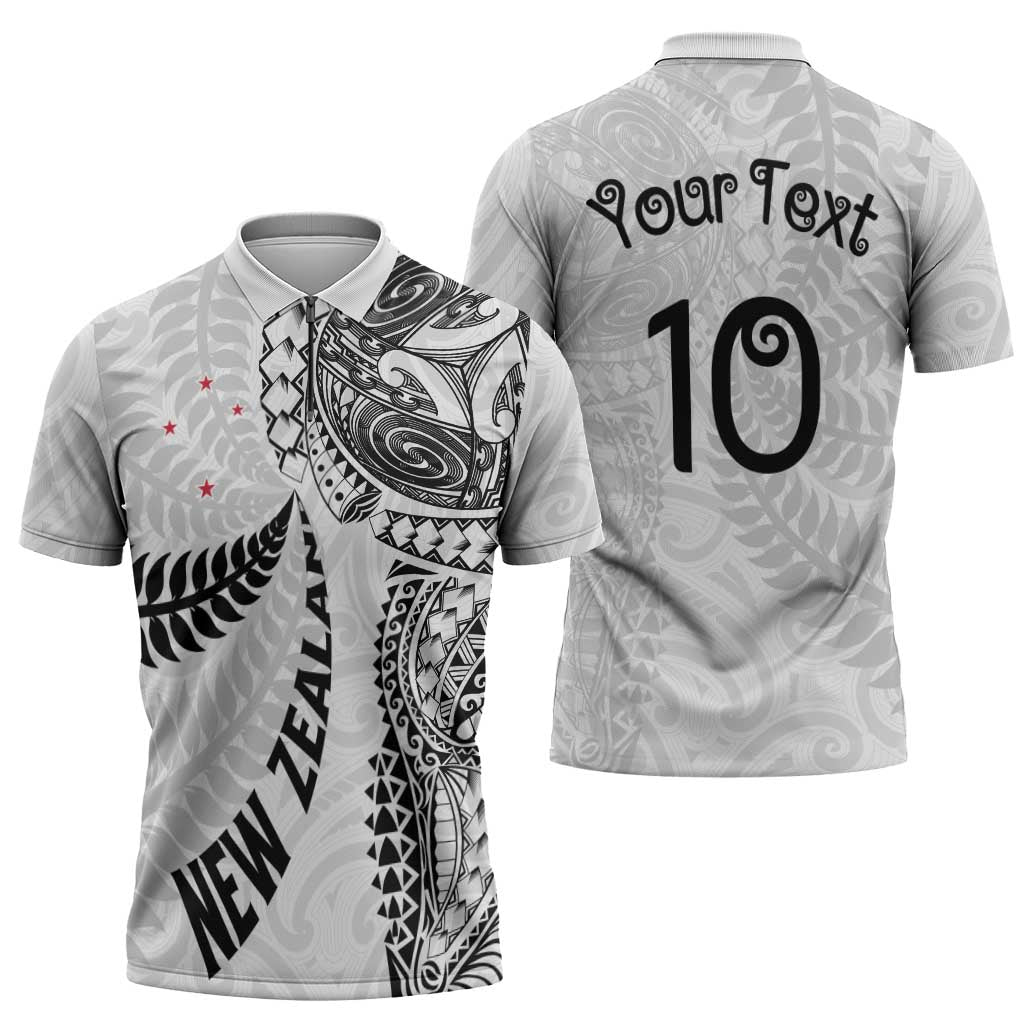 Aotearoa Volleyball Custom Zipper Polo Shirt Silver Ferns and Maori Tribal White LT03 - Polynesian Pride