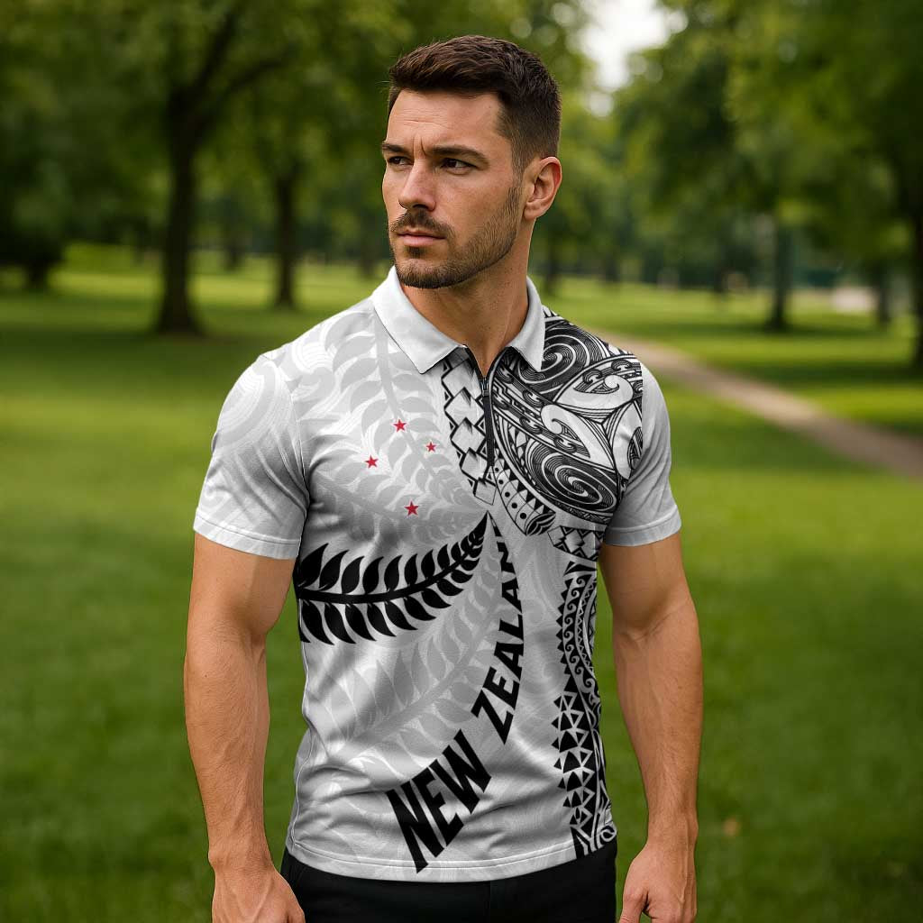 Aotearoa Volleyball Custom Zipper Polo Shirt Silver Ferns and Maori Tribal White LT03 - Polynesian Pride