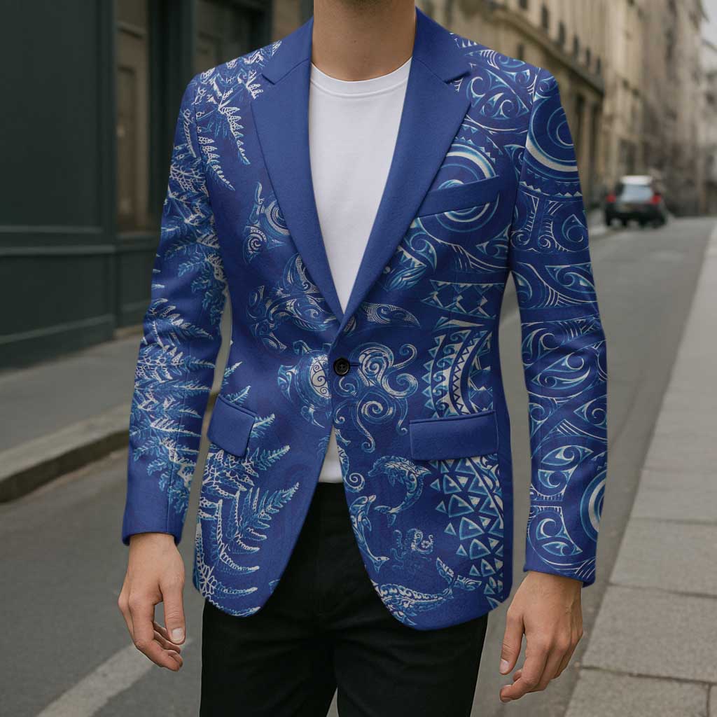 New Zealand Sea Animals Blazer with Maori Koru Tribal Tattoo and Silver Ferns Aquatic Style