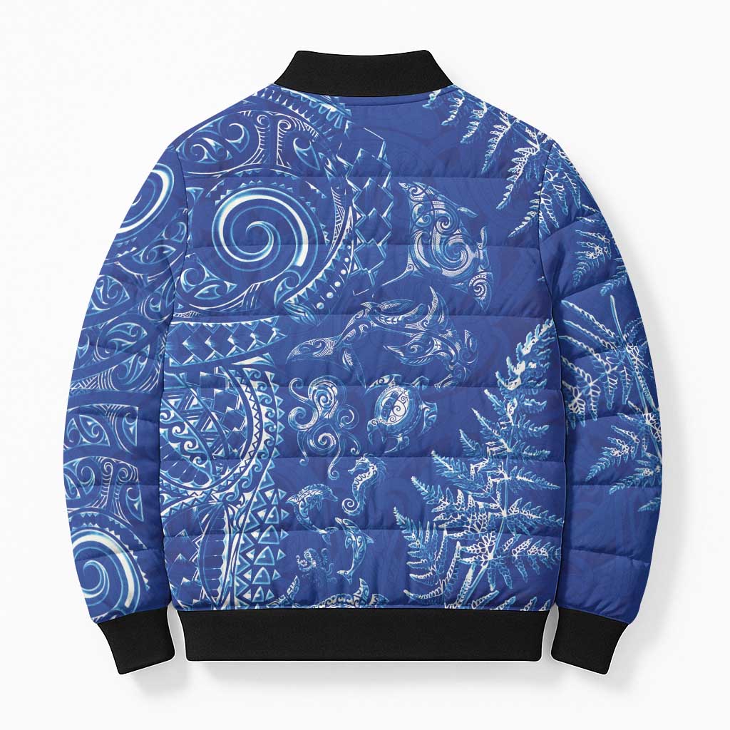 New Zealand Sea Animals Bomber Puffer Jacket with Maori Koru Tribal Tattoo and Silver Ferns Aquatic Style